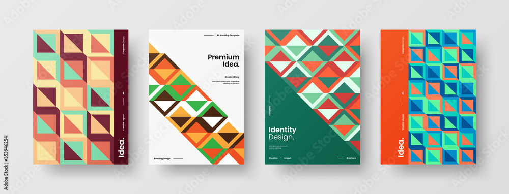 Company identity brochure template collection. Business presentation vector A4 vertical orientation front page mock up set. Corporate report cover abstract geometric illustration design layout bundle.