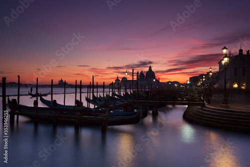 Gondolas moored at San Marco, Venice at sunset