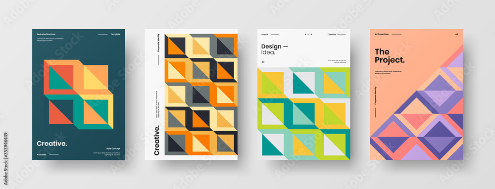 Fototapeta premium Company identity brochure template collection. Business presentation vector A4 vertical orientation front page mock up set. Corporate report cover abstract geometric illustration design layout bundle.