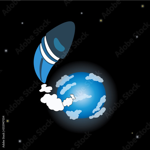 Spaceship launched from the Earth doodle illustration, blue rocket started space travelling, men in cosmos, orbital flight, fly to the moon art