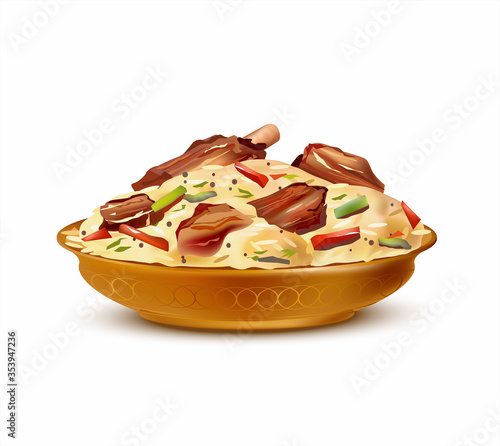 Traditional Arabic pilaf (maqluba) on plate isolated on white. Vector illustration.