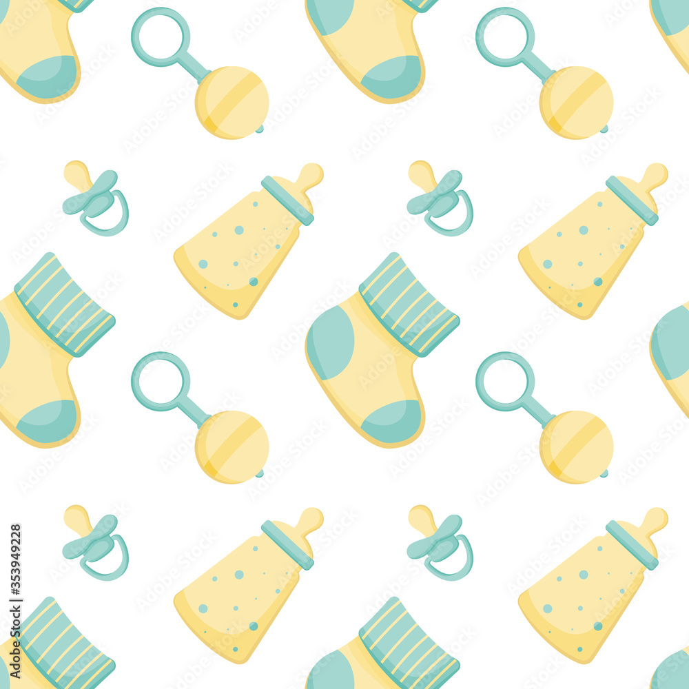 Vector abstract seamless background with rattle, bottle, sock, pacifier. Colorful endless pattern. Great for kids design: paper, card, wallpaper, banner, fabric, interior. Vector abstract seamless background with rattle, bottle, sock, pacifier. Colorful endless pattern. Great for kids design: paper, card, wallpaper, banner, fabric, interior.