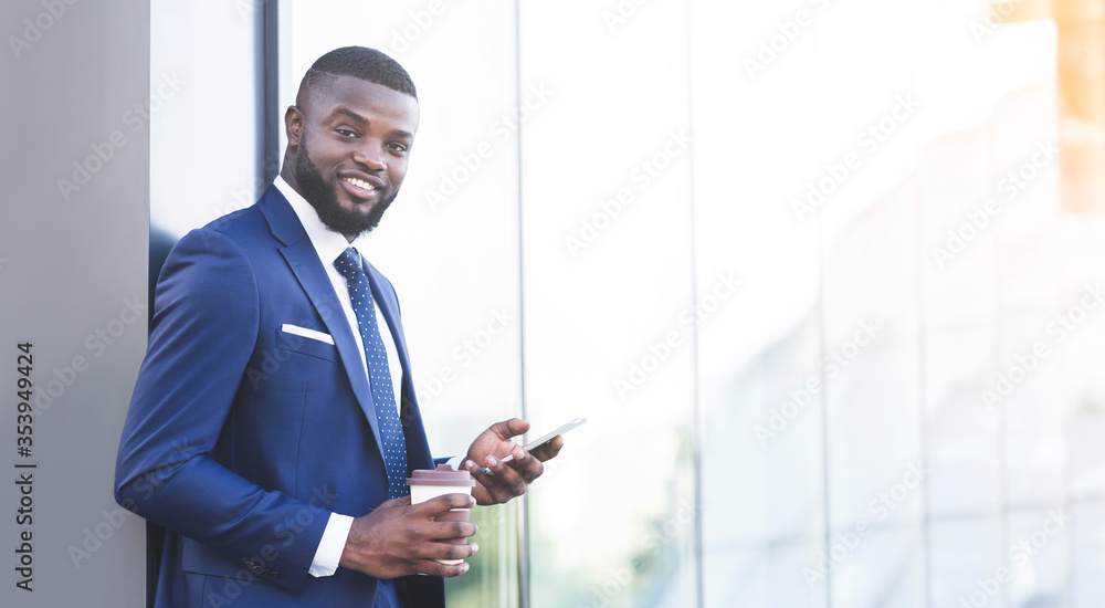 African American Businessman Using Smartphone Standing In City Outdoors, Panorama African American Businessman Using Smartphone Standing In City Outdoors, Panorama