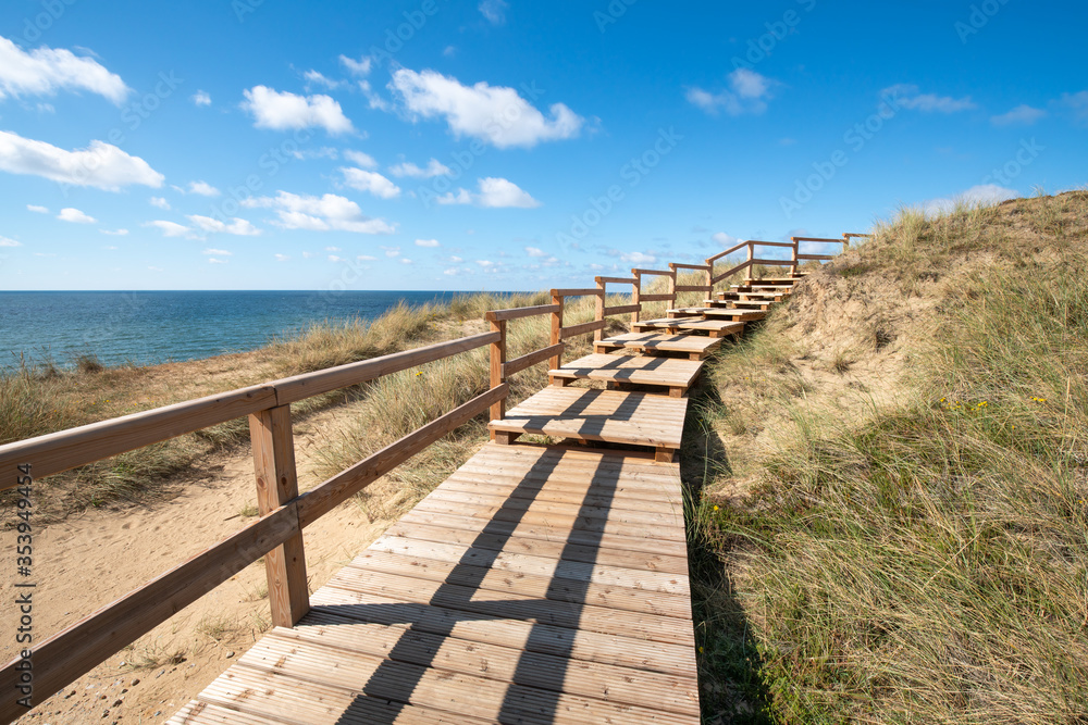 Wooden boardwalk along the beach, Sylt, Germany