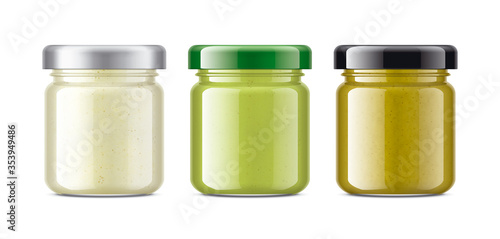 Set of Glass Jars with Sauces, Mustard, Wasabi, Horseradish. 