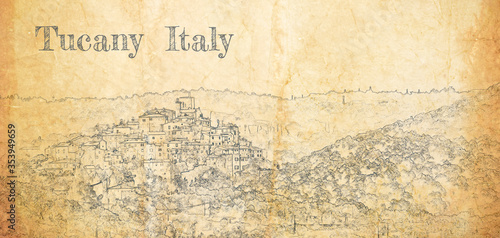 Small ancient city in Tuscany, Italy, sketch on old paper