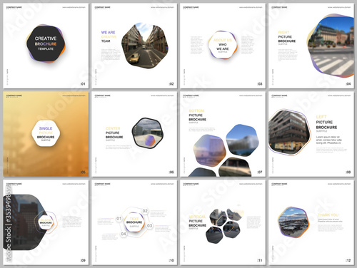 Minimal brochure templates with yellow color hexagons, hexagonal shapes. Covers design templates for square flyer, leaflet, brochure, report, presentation, blog, social media advertising, online promo