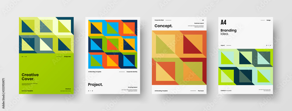 Fototapeta premium Company identity brochure template collection. Business presentation vector A4 vertical orientation front page mock up set. Corporate report cover abstract geometric illustration design layout bundle.