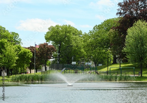 fountain on the pond in the park