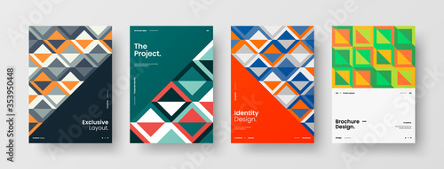 Company identity brochure template collection. Business presentation vector A4 vertical orientation front page mock up set. Corporate report cover abstract geometric illustration design layout bundle.