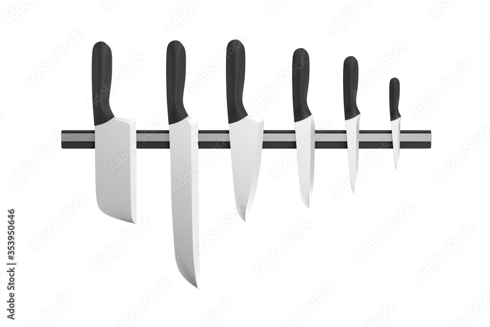 Group of kitchen knives on a magnetic stand isolated on white background Group of kitchen knives on a magnetic stand isolated on white background