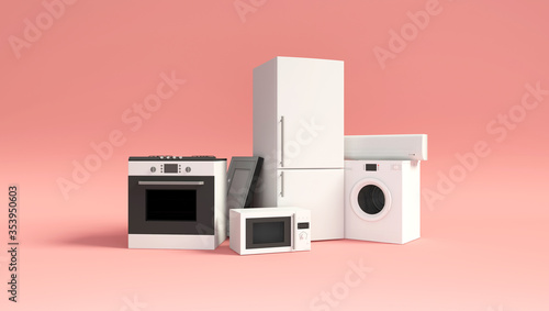 Group of home appliances. Refrigerator, Gas cooker, Microwave, Cooker hood, Air conditioner and Washing machine on pink studio background photo