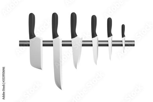 Group of kitchen knives on a magnetic stand isolated on white background