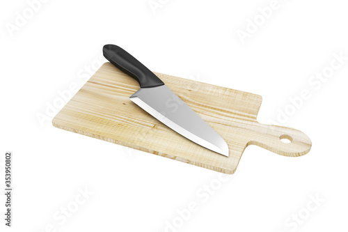 Kitchen Knife on a wooden cutting board isolated on white background photo