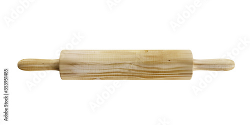 Close up view of wooden rolling pin isolated on white background