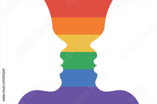 Fototapeta Naklejka Na Ścianę i Meble -  Two girls silhouette on the rainbow LGBT flag color they look at each other. White silhouette with copy space for design or text. Pride and LGBT concept. Flat vector illustration