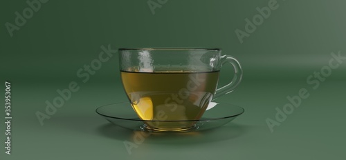 Green tea in a transparent glass cup, on a silver platter on a green background 3D rendering