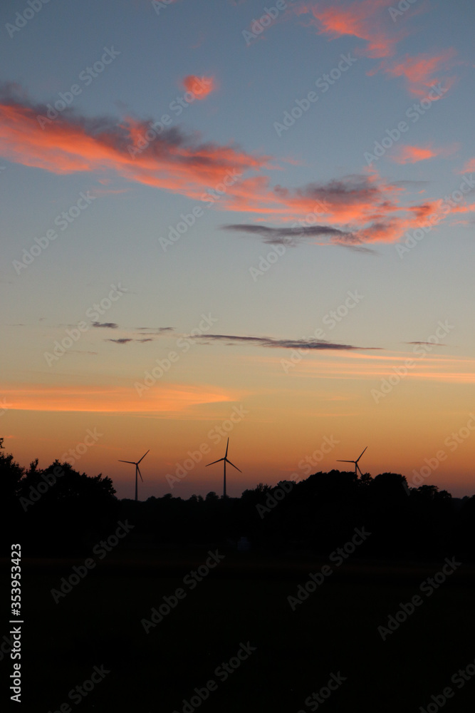 A golden sunset with dark silhouettes of trees and three wind turbines/windmills in the horizon.