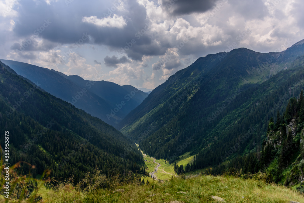 Panoramic view over the green and lush summerish Valea Rea (Bad Valley), Fagaras Mountains, Romania