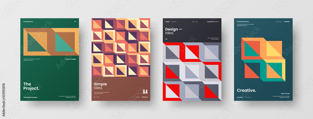 Company identity brochure template collection. Business presentation vector A4 vertical orientation front page mock up set. Corporate report cover abstract geometric illustration design layout bundle. Company identity brochure template collection. Business presentation vector A4 vertical orientation front page mock up set. Corporate report cover abstract geometric illustration design layout bundle.