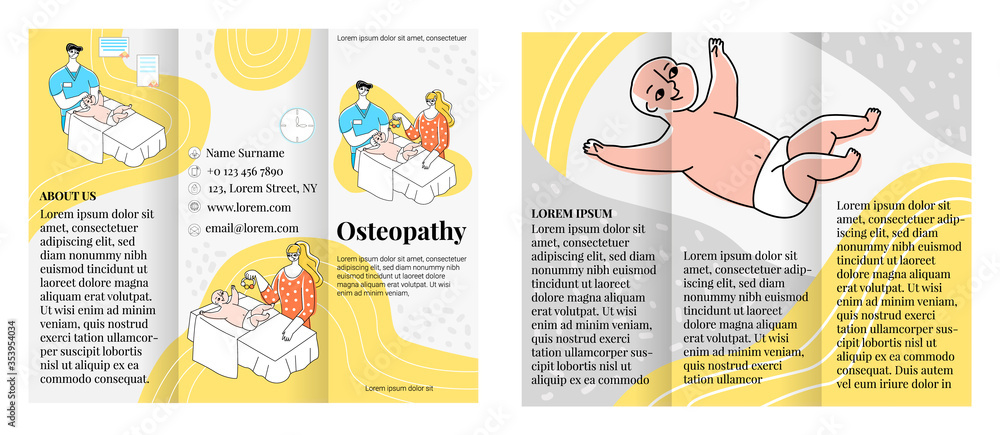 Vector flat illustration brochure layout on both sides. Concept receiving children s osteopathic doctor, chiropractor. It can be used for medical centers, private offices osteopaths, physiotherapists.