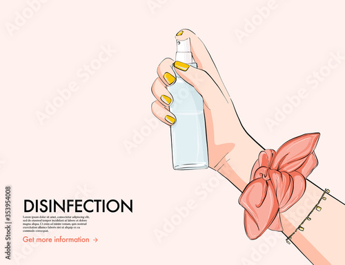 Disingection Hand sanitiser, fashion illustration woman hnd holding spray bottle, hygiene cleaning liquid. Safe place in beauty salon, personal care, protection. Vector sketch