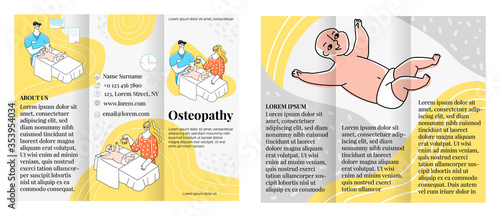 Vector flat illustration brochure layout on both sides. Concept receiving children s osteopathic doctor, chiropractor. It can be used for medical centers, private offices osteopaths, physiotherapists.