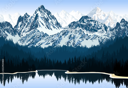 vector lake in mountains range in forest