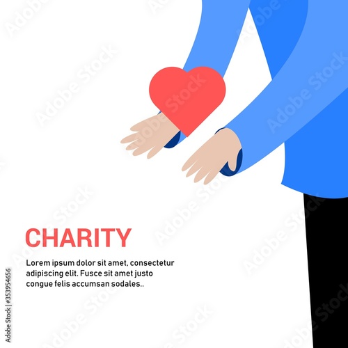 Vector flat illustration of hands holding love. Donation and charity concept. Spreading love to people.
