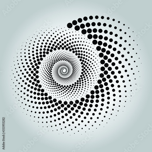 Radial black dotted speed lines in round form. Halftone dots. Trendy design element for frames, logo, tattoo, sign, symbol, web, prints, posters, template and abstract background