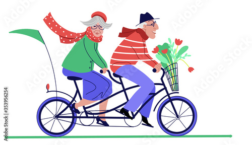 Active old couple riding a tandem bike. healthy lifestyle, man and woman doing sport. Cartoon Flat vector illustration
