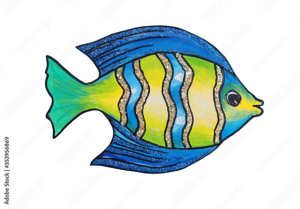 Naklejka premium Hand drawn Light acrylic paint blue fishes with decorative elements