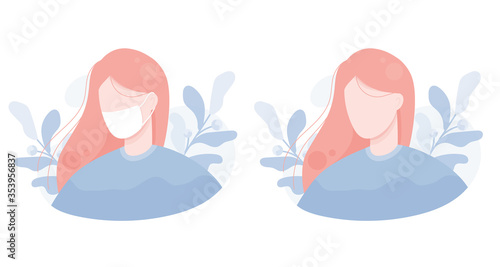 Illustration portrait of a girl in a protective mask from viruses and bacteria. Coronavirus, illness, flu, colds, covid-19. For a website, user, person, avatar. Background of leaves. Blue Pink. Eps 10