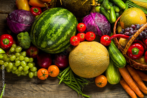 watermelon and melon carrots and cucumbers, agricultural vegetables from the grocery market