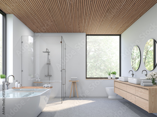 Modern contemporary loft bathroom 3d render.there are concrete tile floor, white wall and wood plank ceiling ,There are large windows look out to see the nature view.