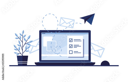 Vector banner illustration of email marketing. Workplace at home, in the office. Laptop. Paper airplane. Completed application form for the site. Filling out documents. Monitor screen. Blue. Eps 10
