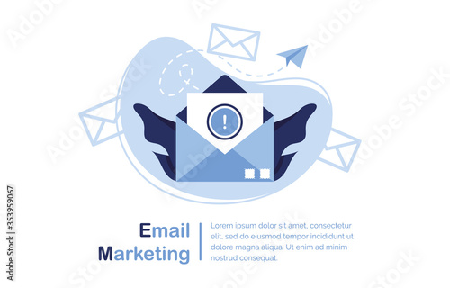 Vector banner illustration of email marketing & message concept. Letter, sheet in an envelope. Sending application. Banner and template for sites. Important notice. Paper. Blue and White. Eps 10