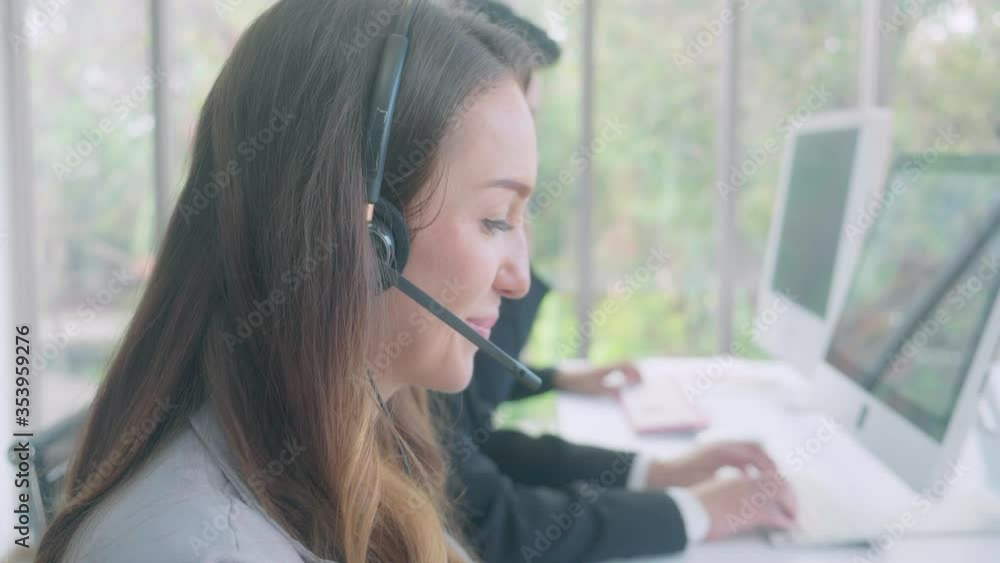 Customer service with friendly while man and woman call center and operator for support and assistance client in contact. Customer service with friendly while man and woman call center and operator for support and assistance client in contact.