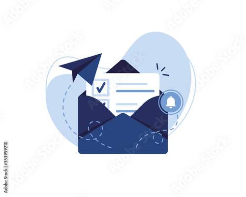 Vector banner illustration of email marketing & message concept. Letter, sheet in an envelope, checkmark. Sending application. Receive News. Filled document. Alert and bell. Blue and White. Eps 10 photo