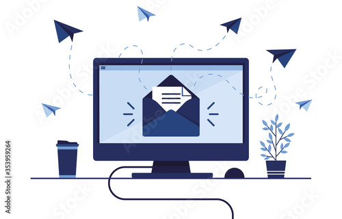 Vector banner illustration of email marketing. Workplace at home, in the office. Computer, PC. Mailbox with a letter and envelope. Receive and send messages. Paper airplane. Blue. Eps 10