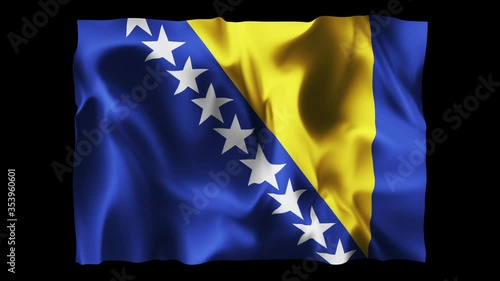 Bosnia and Herzegovina flag waving in slow motion 3D rendering with alpha.