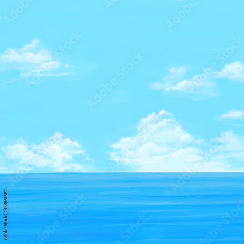 鮮やかなブルーの海, 立ち上る雲と空, 水平線