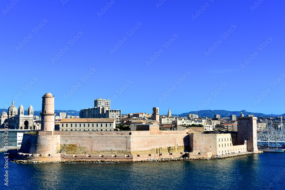 View Of The Old Port And Fort Saint Jean In Marseille, France
