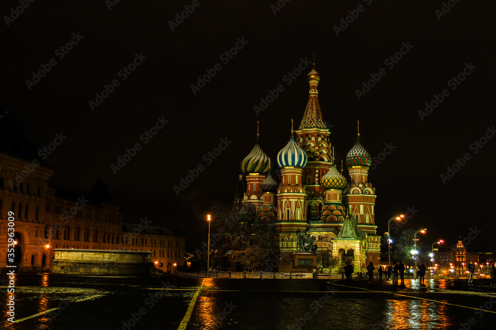 The Cathedral of Vasily the Blessed known as Saint Basil's Cathedral, is a Russian Orthodox church in Red Square in Moscow, Russia. Night view