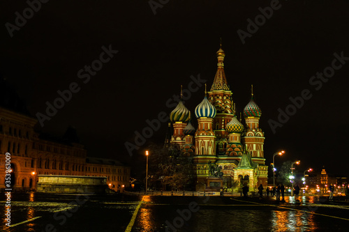 The Cathedral of Vasily the Blessed known as Saint Basil's Cathedral, is a Russian Orthodox church in Red Square in Moscow, Russia. Night view