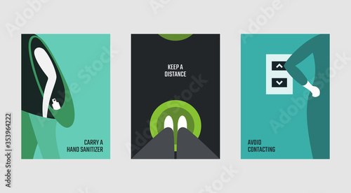 Carry a hand sanitizer, keep a distance and avoid contacting poster designs. Covid-19 new coronavirus spread prevention and awareness designs. Important messages through minimal style vector designs.