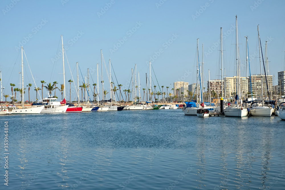Las Palmas, Canary Islands / Spain - May 30 2020: Las Palmas de Gran Canaria City Marina - inactive sailing boats in the marina, results of Covid coronavirus lock down in Spain.