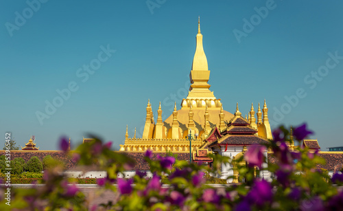 Golden Pagoda in Vientiane  Laos. Pha That Luang at Vientiane. Blue sky background beautiful.