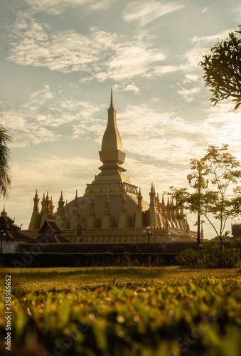 Golden Pagoda in Vientiane  Laos. Pha That Luang at Vientiane. Blue sky background beautiful.