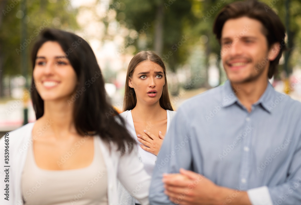 Girl Meeting Her Boyfriend Dating With Other Woman Walking Outside Girl Meeting Her Boyfriend Dating With Other Woman Walking Outside